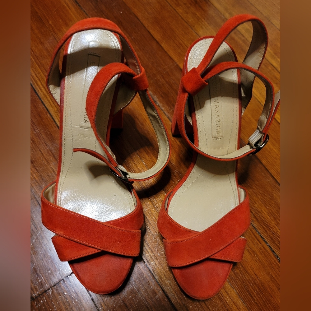 BCBGMAXAZRIA Red Suede Ankle Strap High Heel Shoes